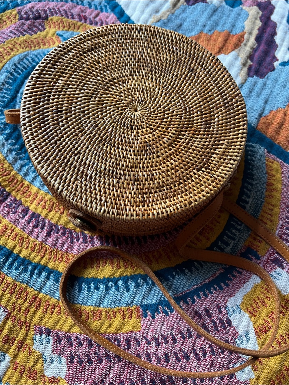 Amerii Rattan Round Woven Crossbody Bag in Tan with Leather Trim - Picture 9 of 11